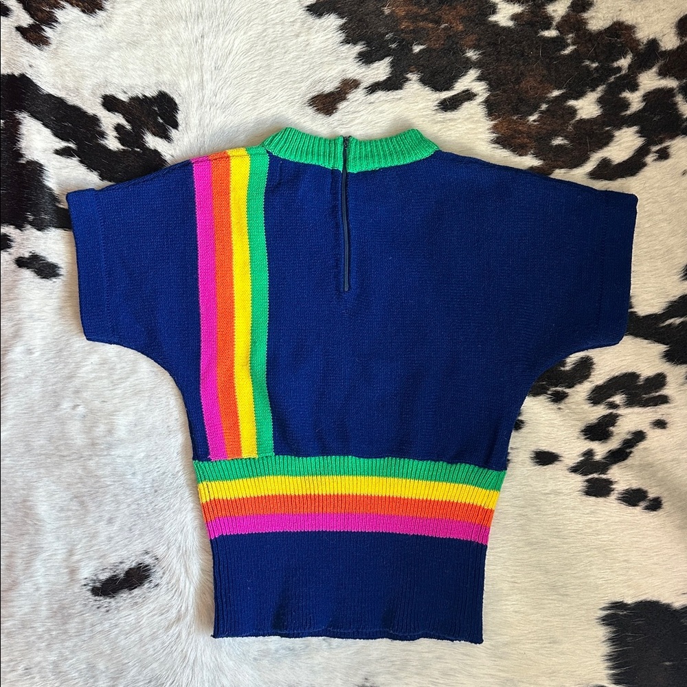 Vintage Colorful Blue Green Yellow Pink Striped Knit Sweater Top - Picture 6 of 7